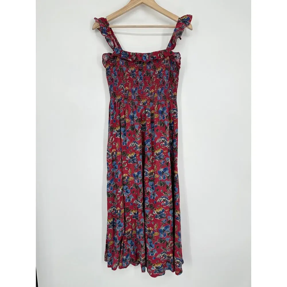 Natural Life Megan Smocked Midi Dress Floral Ruffle Square Neck Sleeveless Boho - Picture 5 of 12